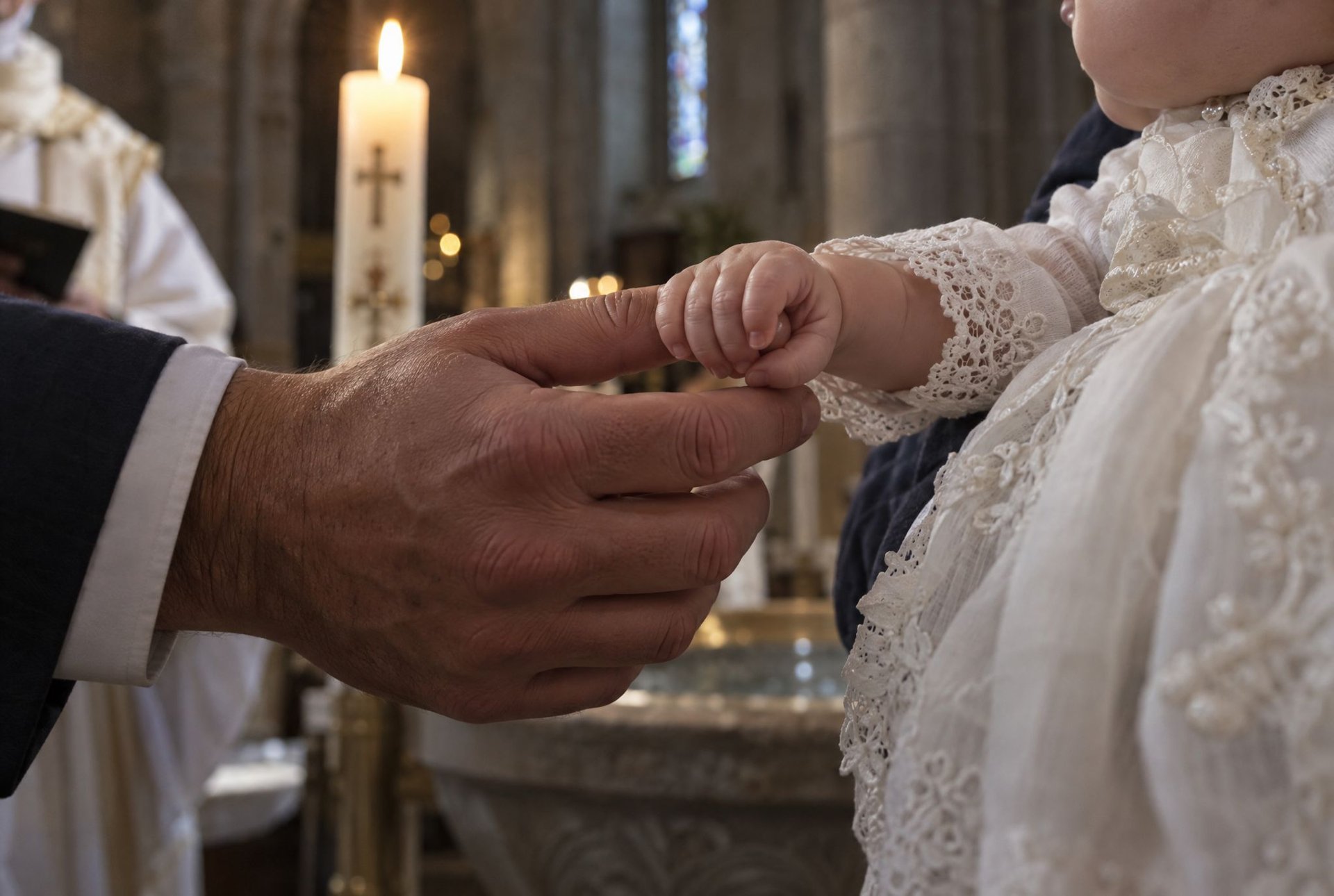 Petite main d'un bébé en robe de baptême tenant le doigt d'un adulte près d'un cierge allumé