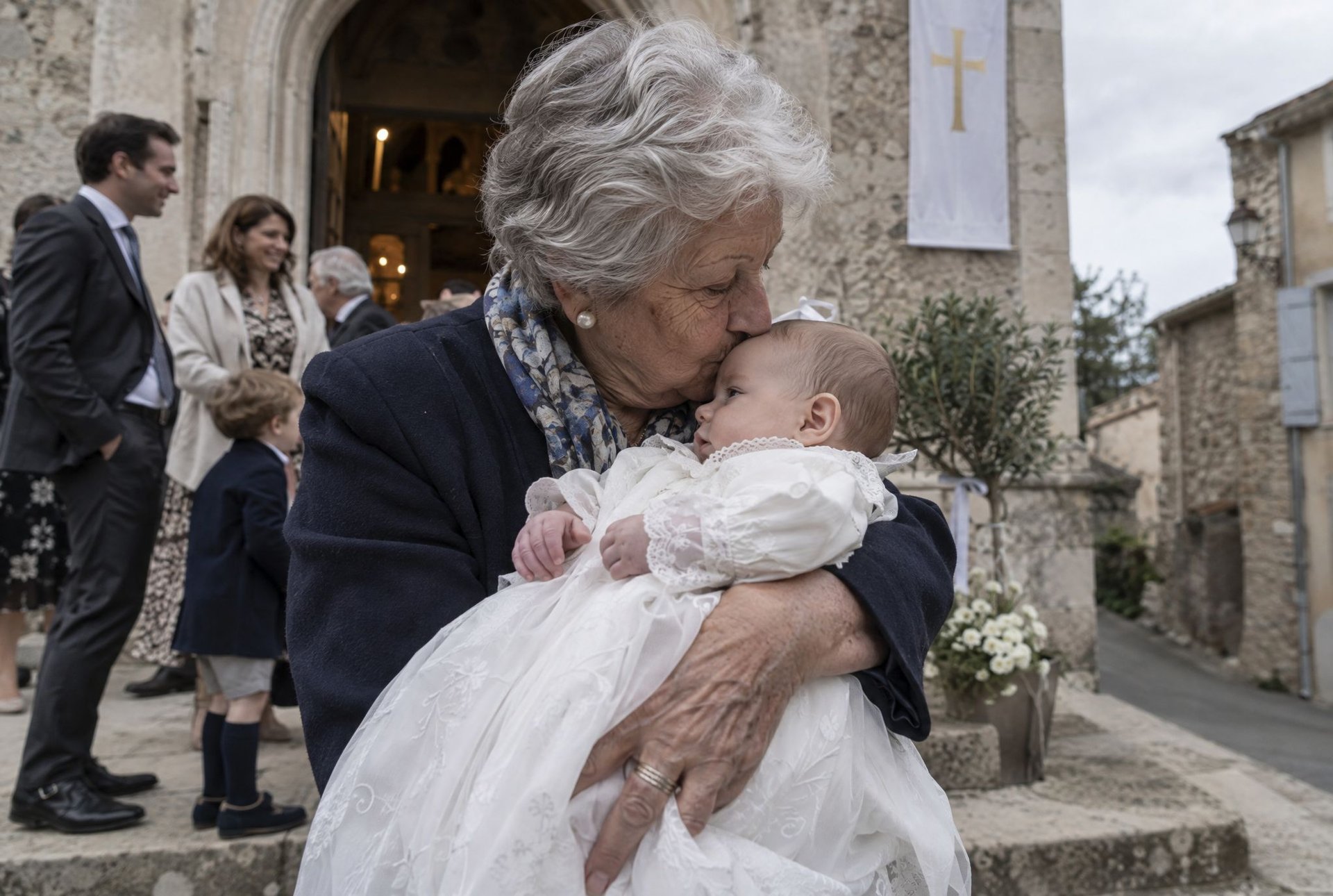 Grand-mère embrassant le bébé en robe blanche à la sortie de l'église après son baptême