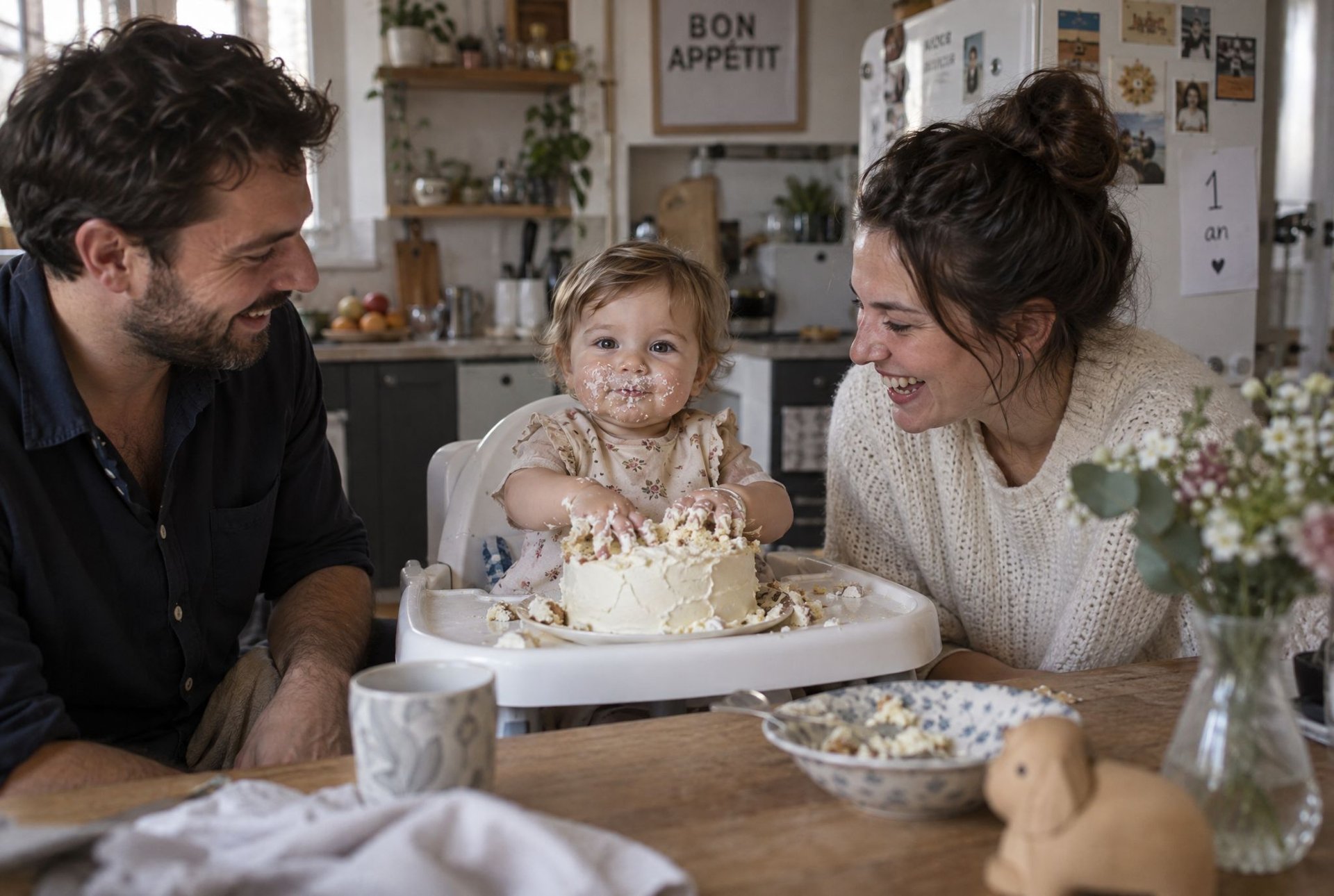 Petite fille devant son gâteau d'anniversaire, entourée de ses parents souriants à la maison