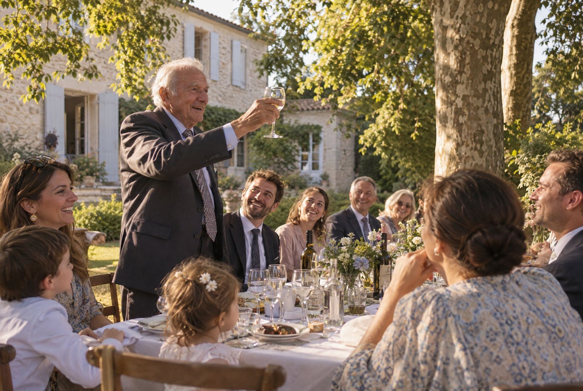 Grand-père levant son verre lors du repas de baptême en famille dans un jardin ombragé