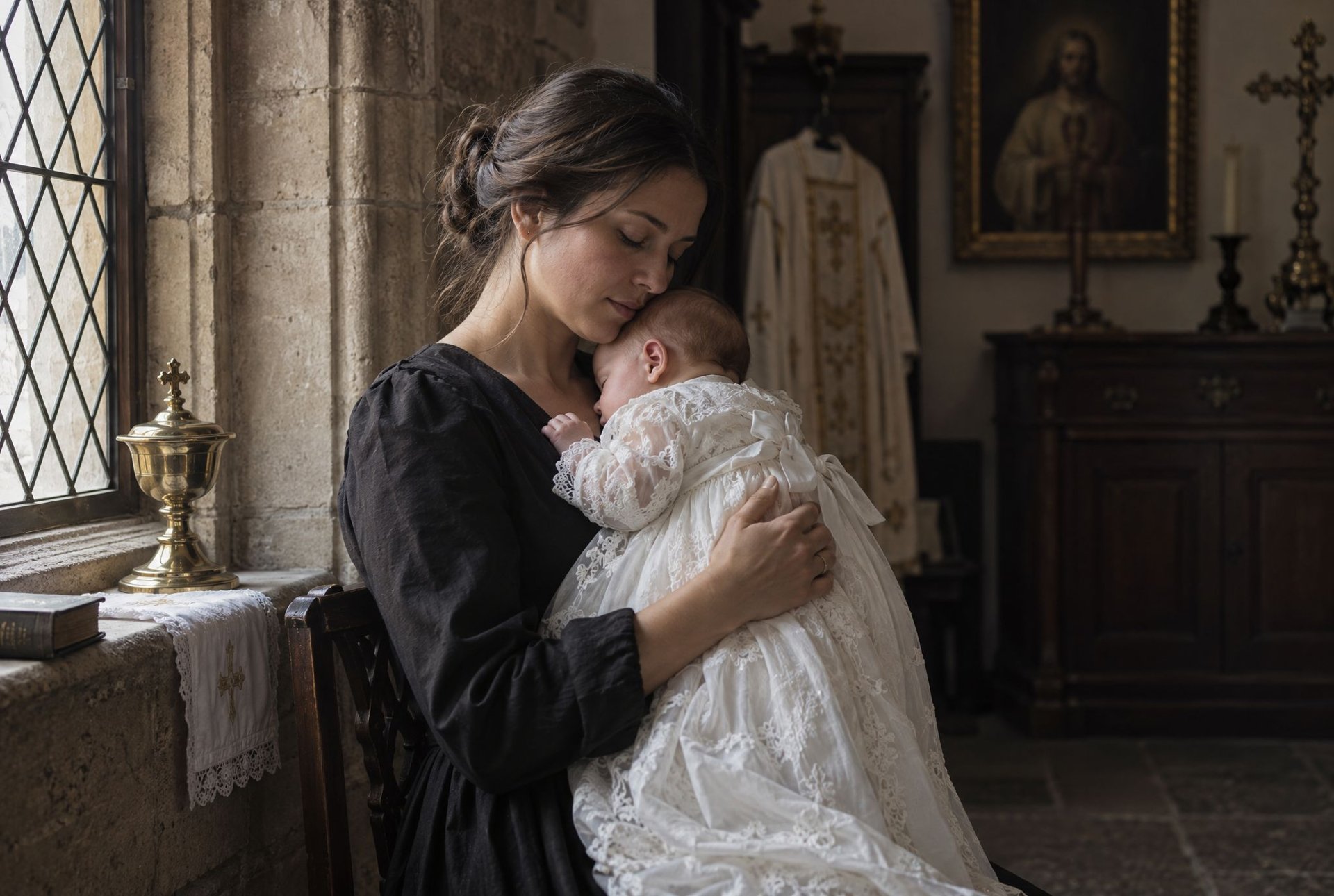 Mère berçant son bébé en robe blanche près d'une fenêtre de l'église pendant le baptême