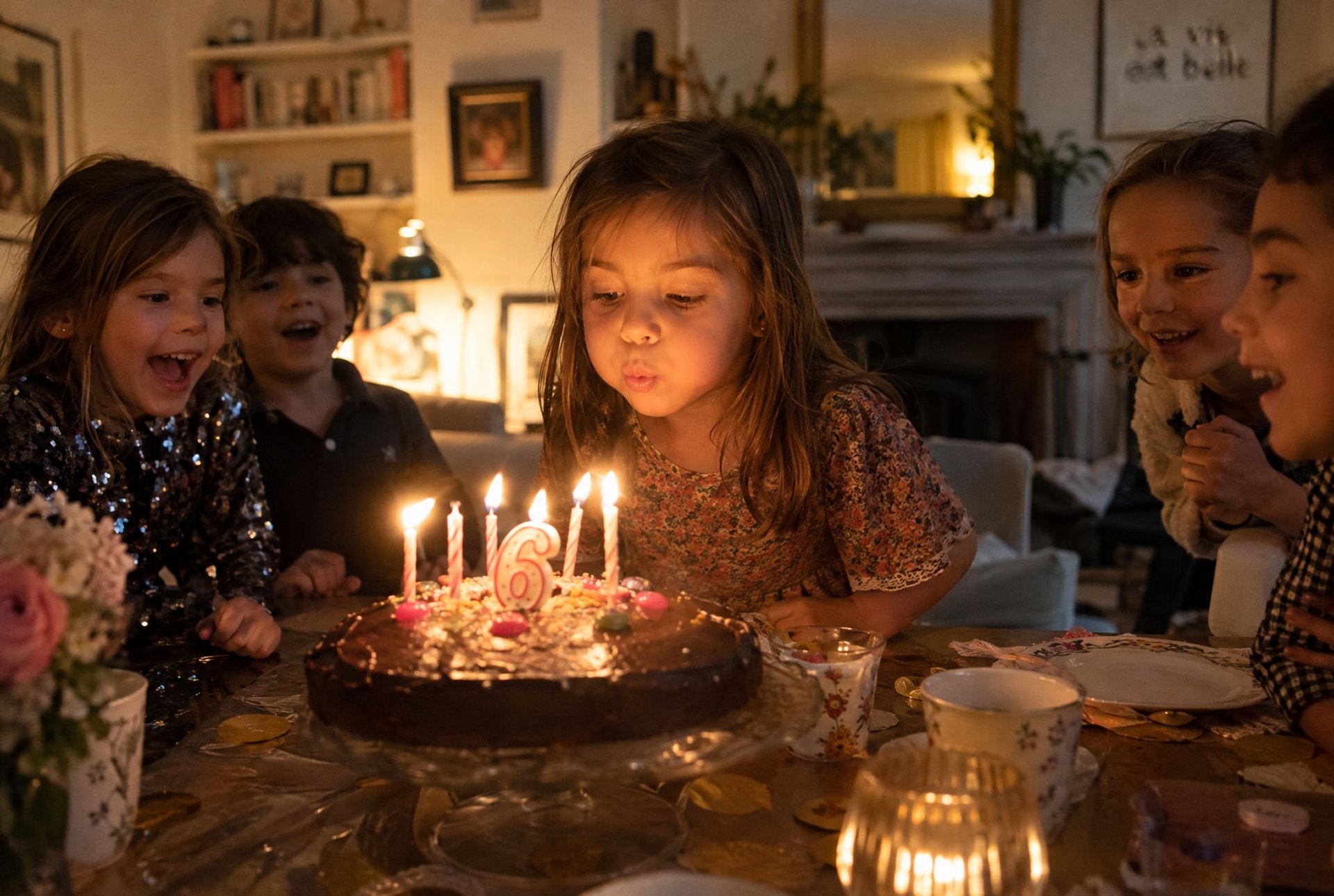Fillette soufflant les bougies de son gâteau d'anniversaire sous le regard de ses amis