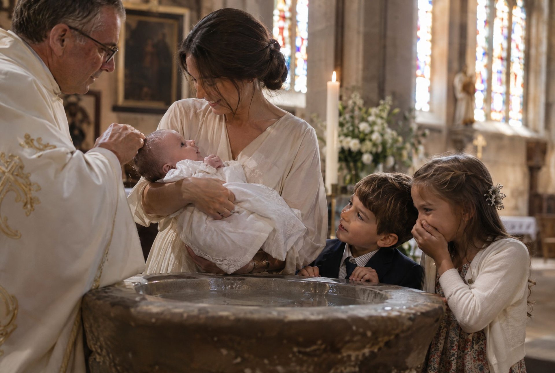 Prêtre bénissant un bébé dans les bras de sa mère, sous le regard de deux enfants près des fonts baptismaux