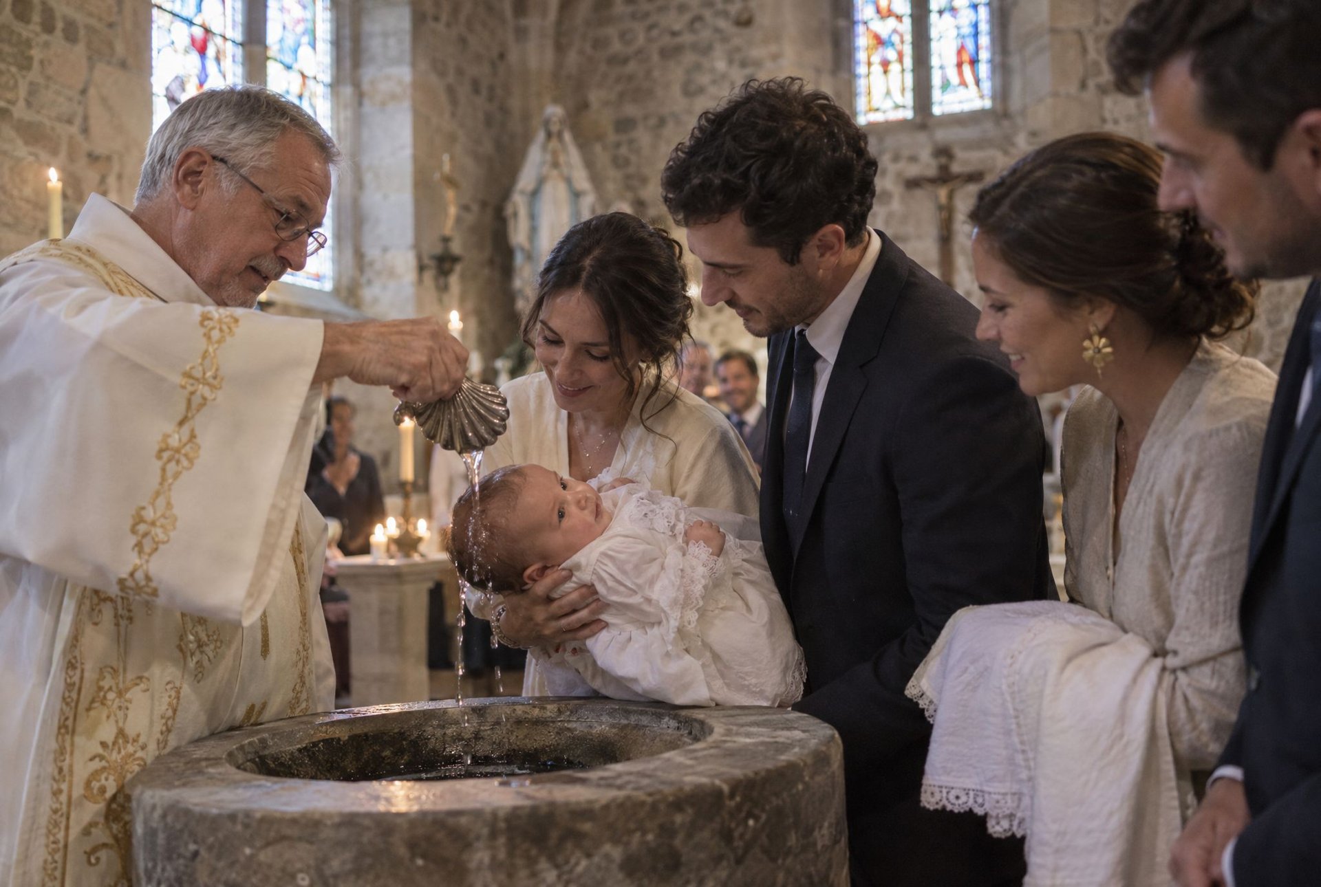 Prêtre versant l'eau du baptême sur la tête d'un bébé entouré de ses parents dans une église