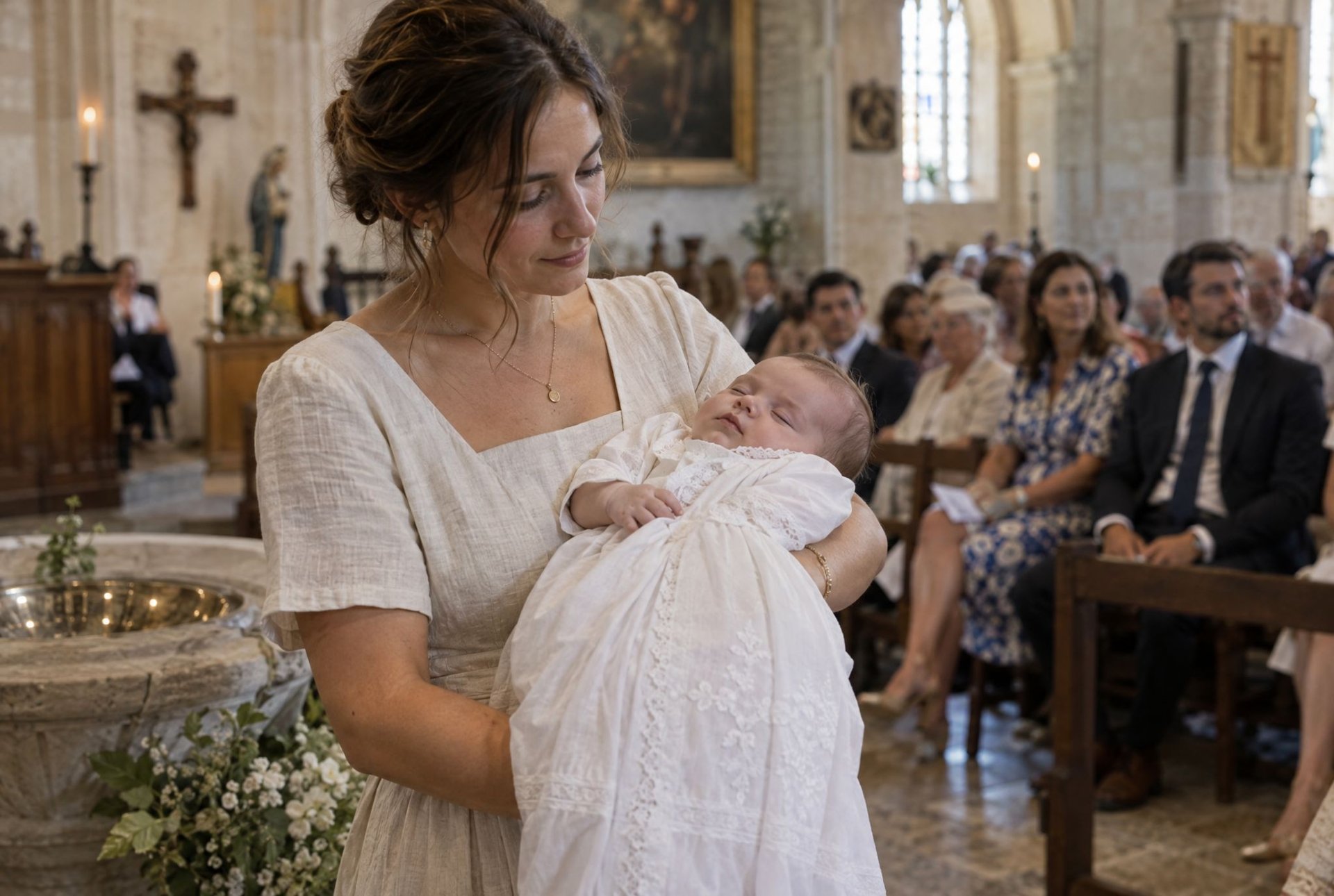 Mère tenant son bébé en robe de baptême devant les invités réunis dans l'église