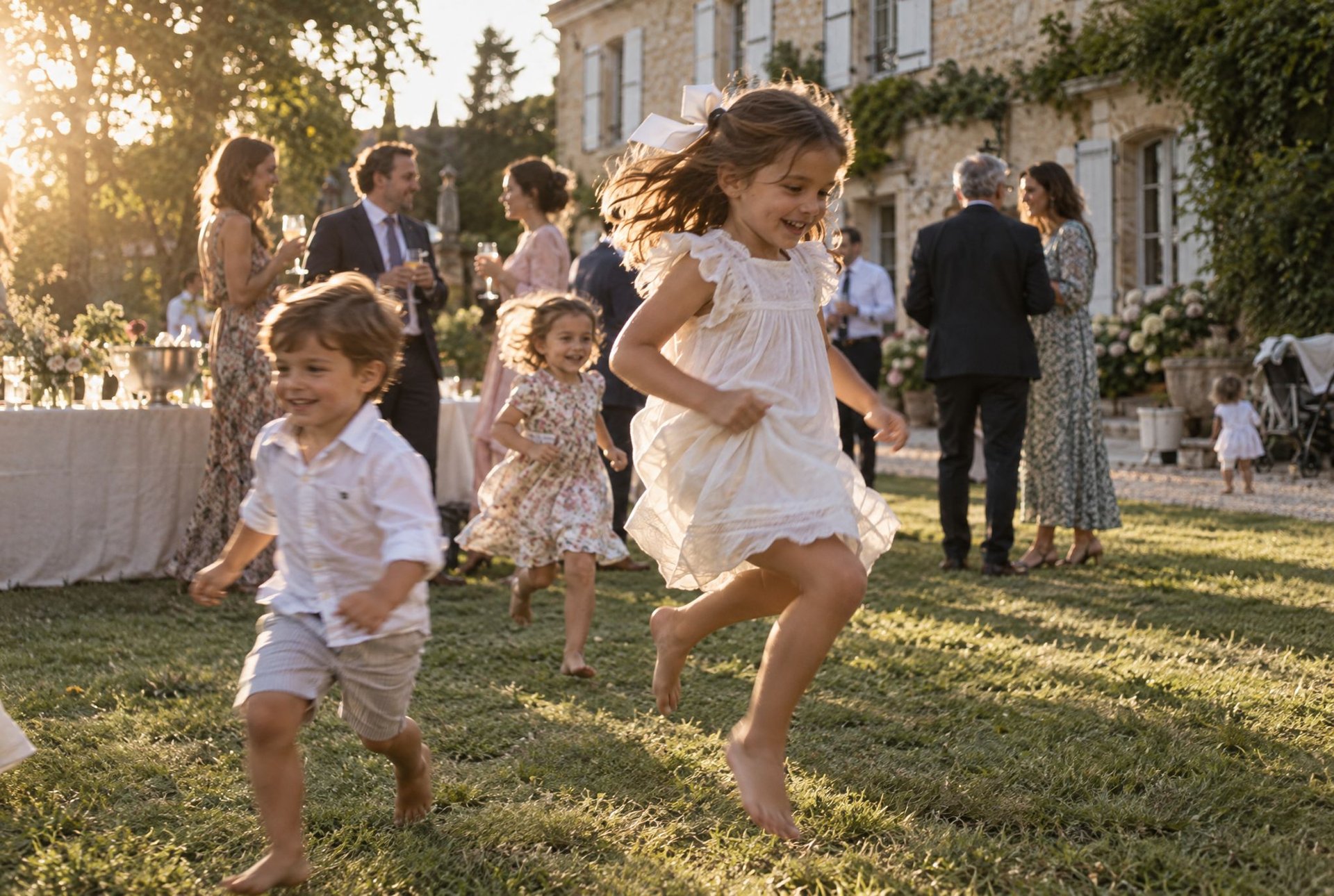 Enfants courant sur la pelouse lors de la réception de baptême devant une maison en pierre