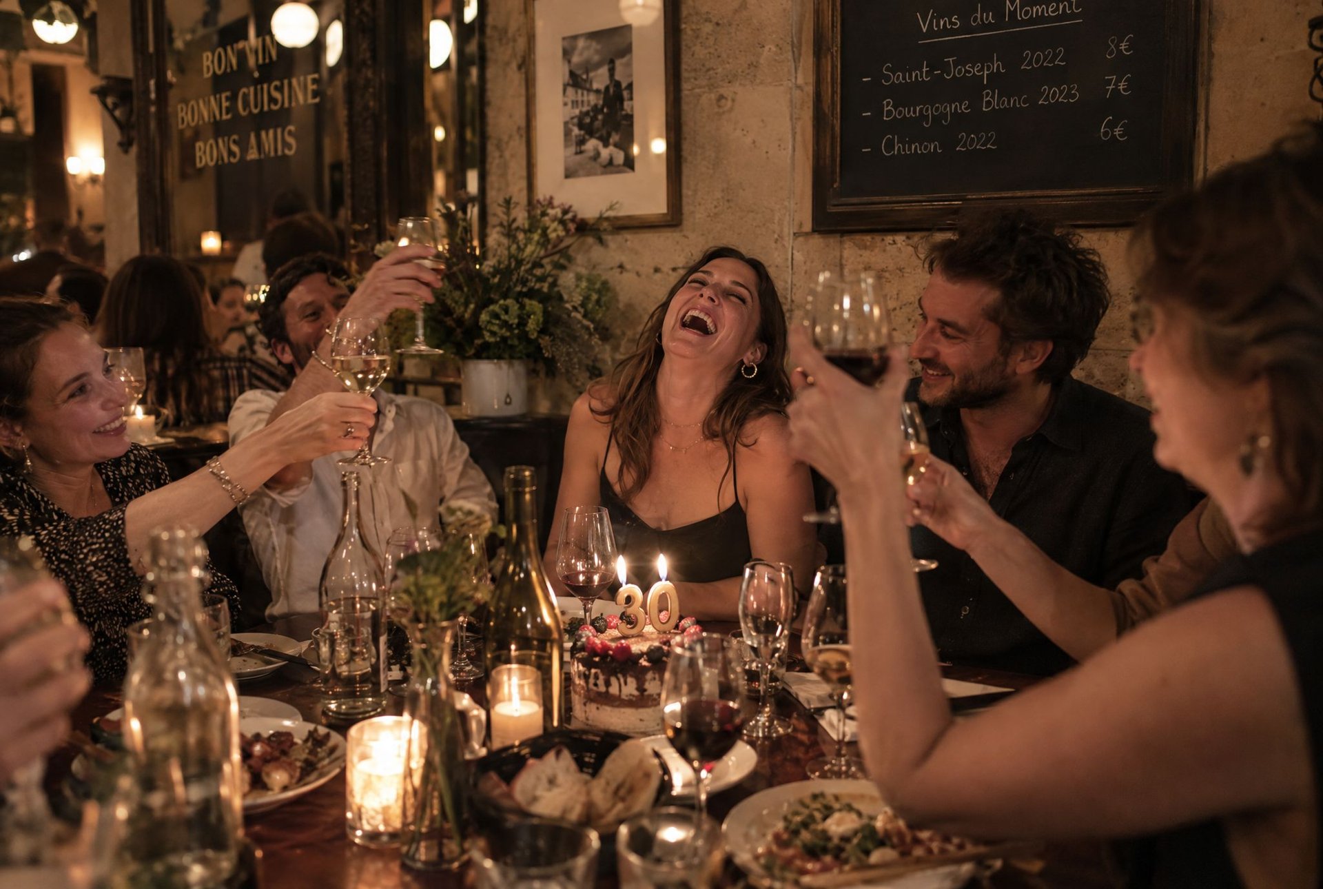 Invités riant et levant leurs verres autour d'une table éclairée aux bougies pour un anniversaire