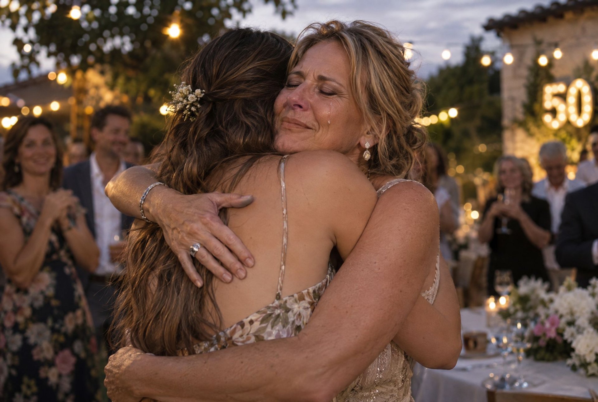 Deux femmes s'embrassant lors d'une fête de cinquantième anniversaire dans un jardin illuminé