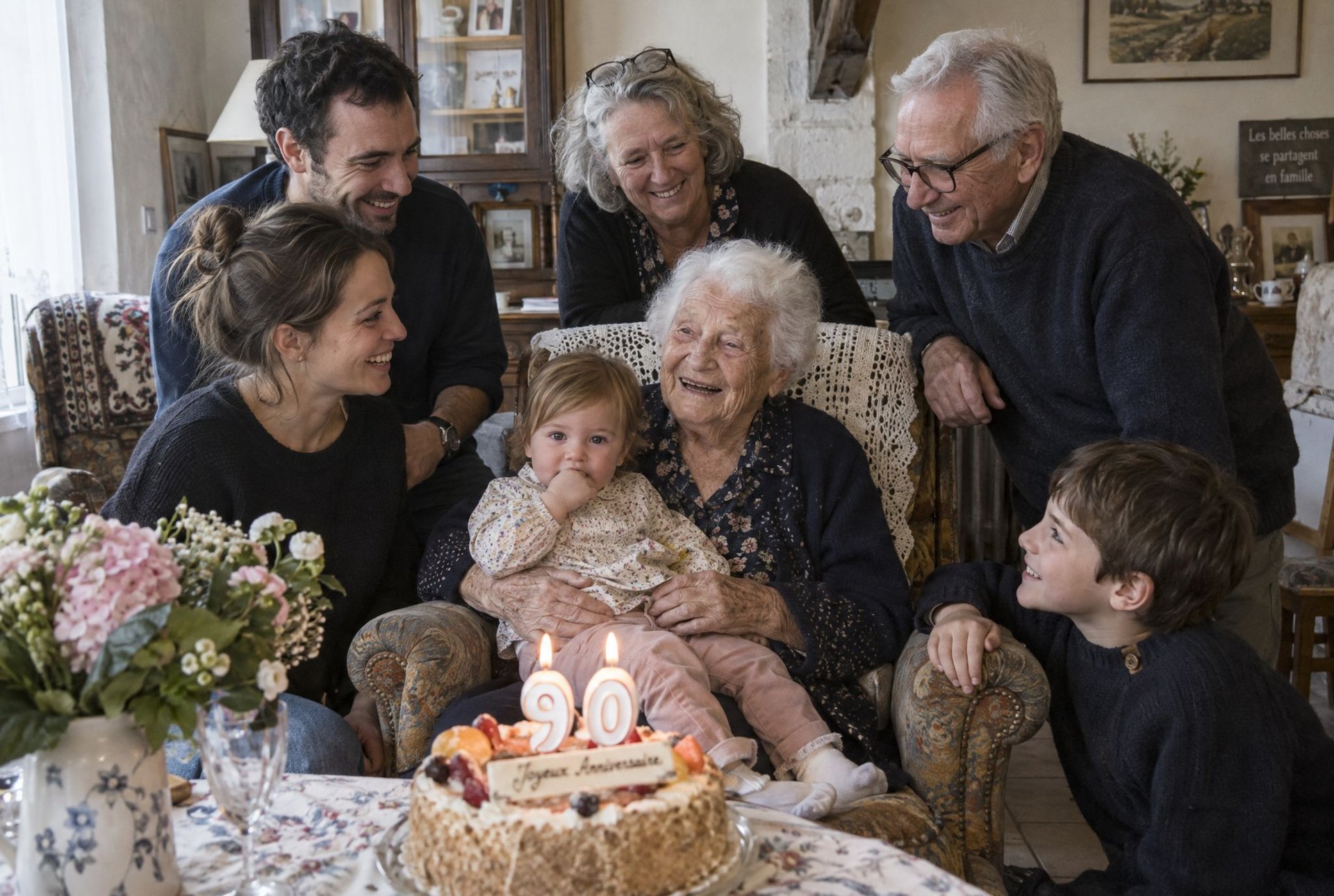 Famille réunie autour d'une grand-mère et de son gâteau de quatre-vingt-dixième anniversaire