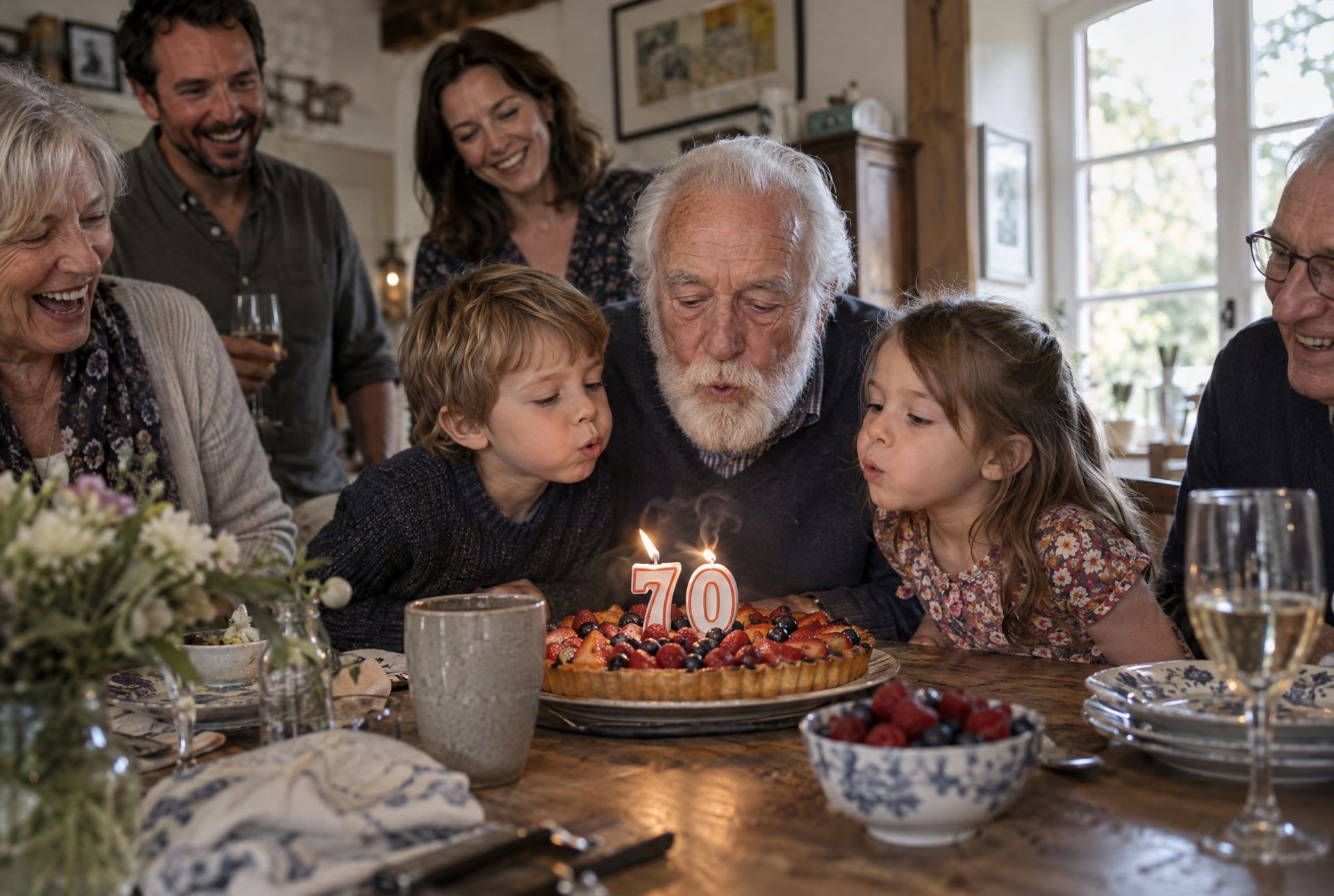 Grand-père soufflant les bougies de ses soixante-dix ans avec deux enfants et sa famille autour de lui