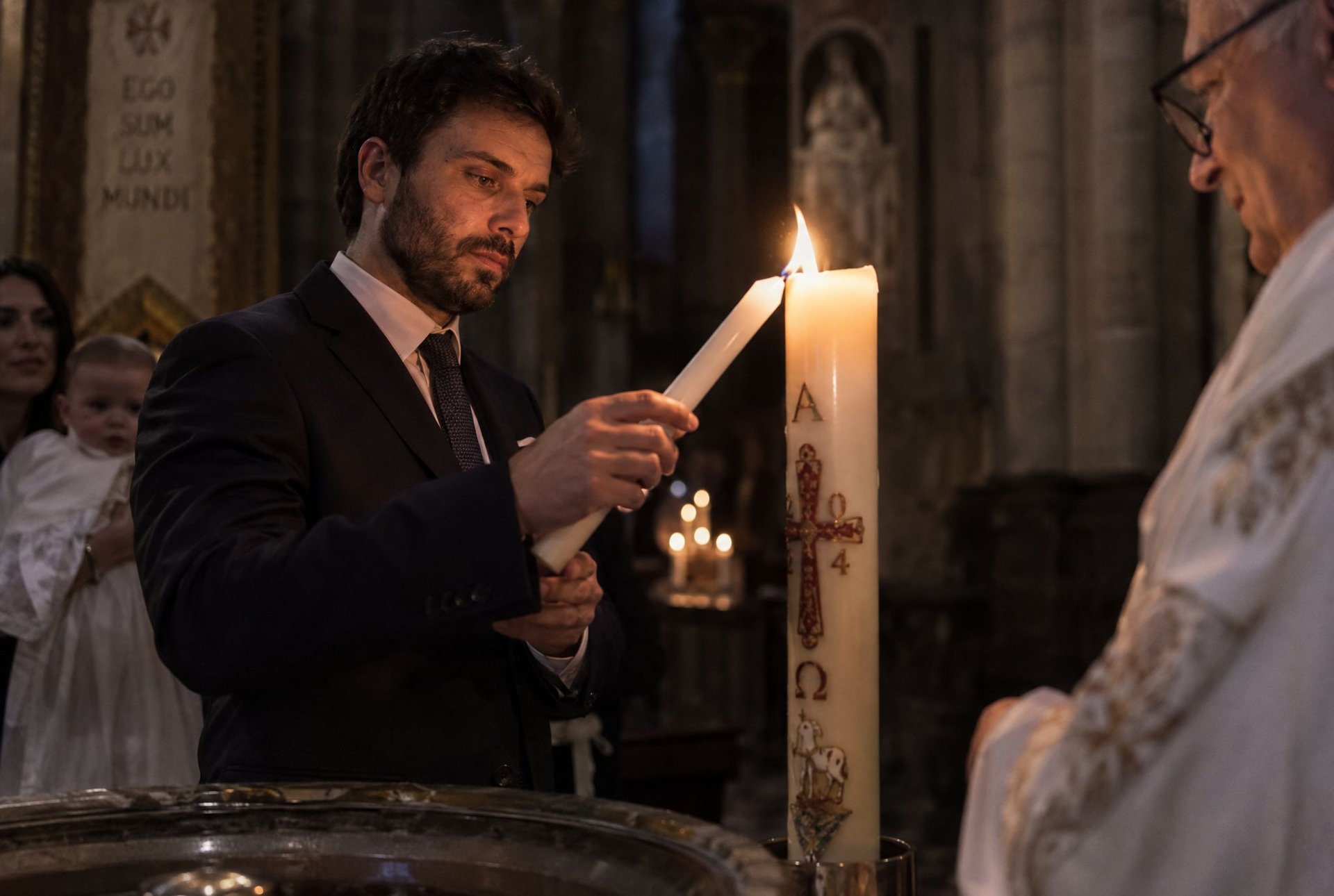 Père allumant le cierge de baptême dans la lumière tamisée de l'église